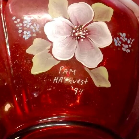 Fenton Glass Basket Cranberry Opalescent Open Heart Arches Bill and George - Picture 13 of 13